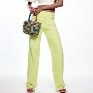 ZARA Straight Gingham Trousers Lime Green Size L BNWT